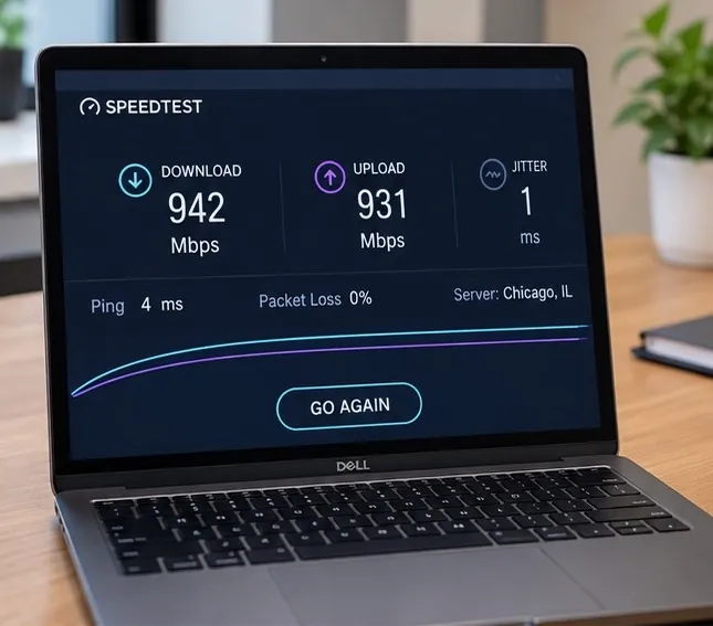 Laptop showing an internet speed test with download, upload, jitter, ping, and packet loss results