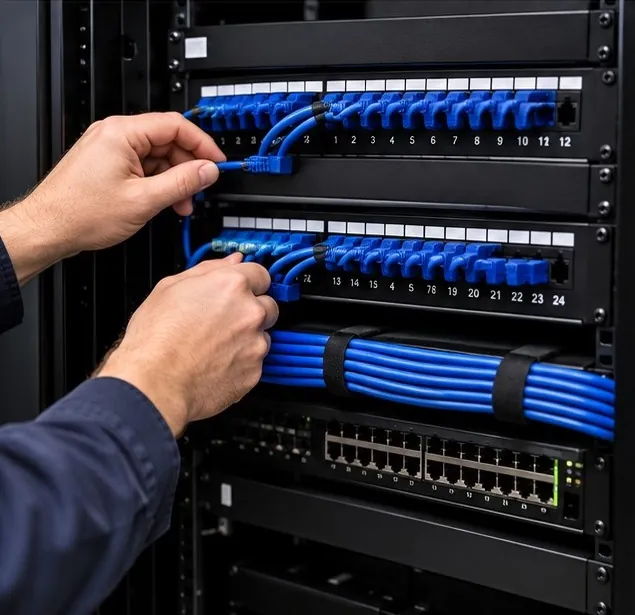 Technician's hands connecting blue patch cables to a numbered patch panel above a network switch