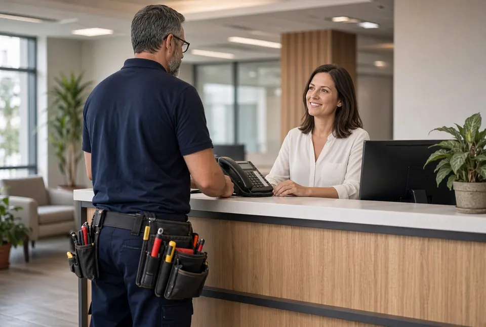 Phone technician with a tool belt talking with a smiling receptionist at an office front desk beside a business desk phone