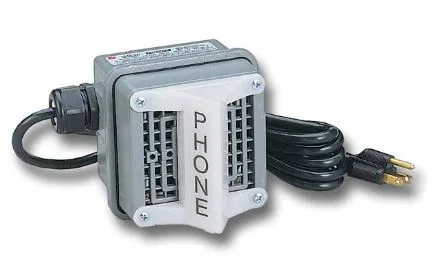 Weatherproof loud ringer with a grille labeled PHONE and a power cord