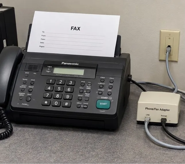 Fax machine on an office counter connected through a phone and fax adapter to a wall jack